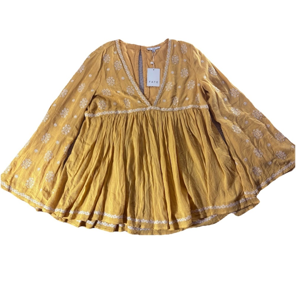 Womens Boho Babydoll Large Mustard Embroidered Peasant Tunic Bell Sleeve Top